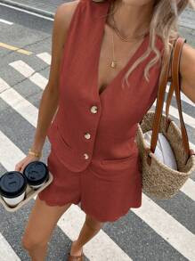 Serisse 2pcs Women Solid Color Single Breasted Vest And Shorts Casual Outfit