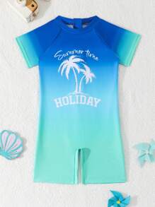 Young Boy渐变色印花连体泳衣，夏季可爱沙滩/游泳装