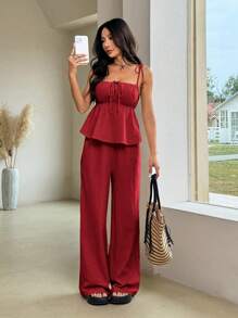 Comfortcana 夏季亚麻栗色背心和长裤套装 - 玫瑰紅 - 查看 6