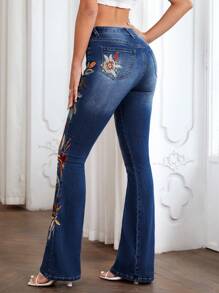 SHEIN Floral Embroidery Flare Leg Jeans - Dark Wash - View 2