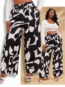 SHEIN SXY Plus Size Women Geometric Print Knotted Waist Pockets Wide Leg Pants,Suitable For Early Spring, Spring And Summer, Rainforest, Beach Party, Seaside Vacation, Bonfire Party, Cool And Light, Slim Fit, Comfortable To Wear,Easy To Match&Looks Slim,Accent Your Body,Flatter The Figure