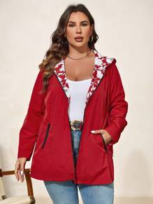 SHEIN Clasi Plus Size Women Geometric Print Reversible Long Sleeve Casual Hooded Loose Jacket, Suitable For Autumn And Winter