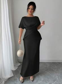 Elenzga Plus Size Women's Black Summer Elegant Formal Evening Dress,Satin French Style Luxurious V-Neck Wrap Waist Fishtail Hem Long Dress For Office,Party - Black - View 1