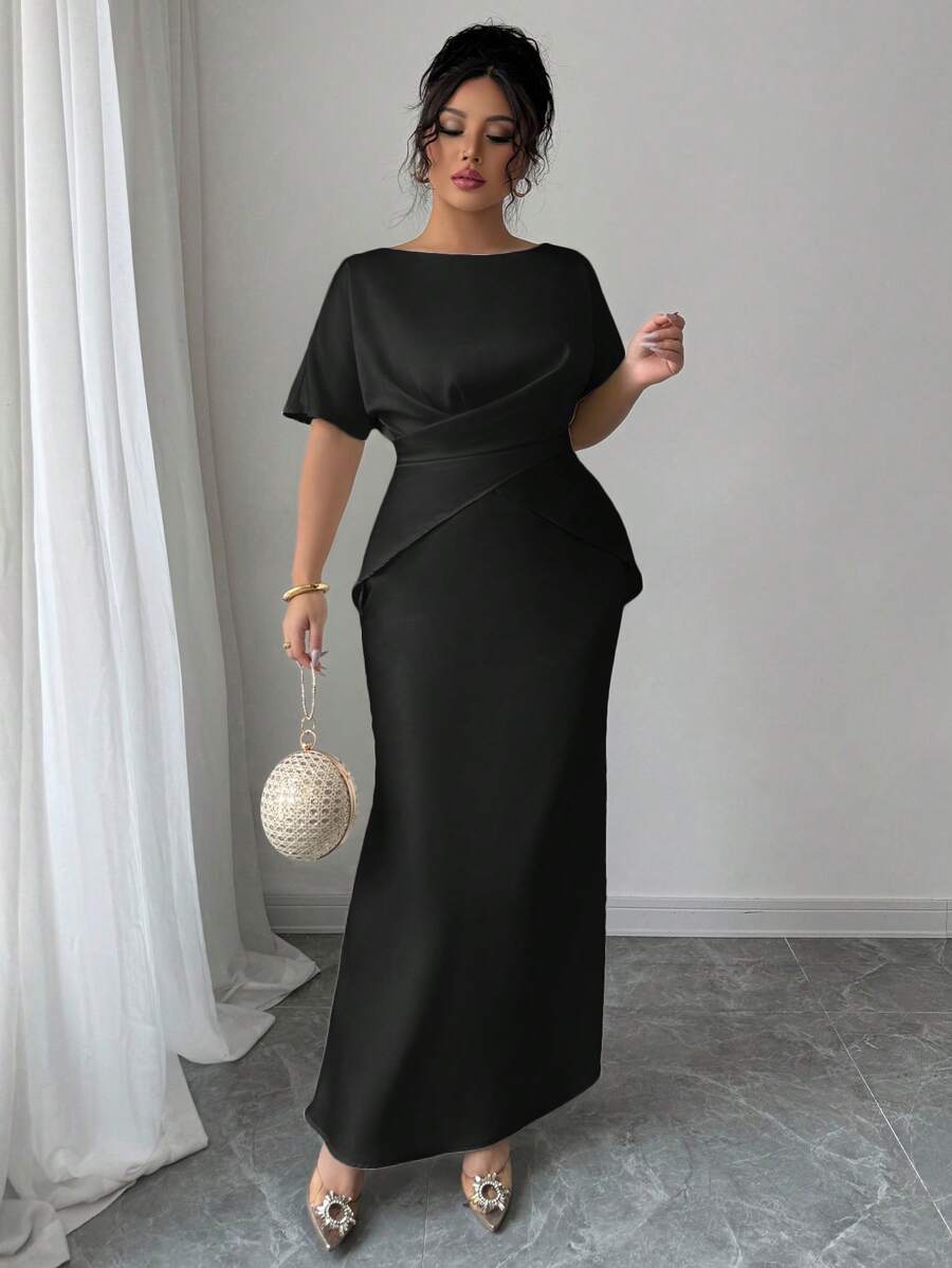 Elenzga Plus Size Women's Black Summer Elegant Formal Evening Dress,Satin French Style Luxurious V-Neck Wrap Waist Fishtail Hem Long Dress For Office,Party - Black - View 1