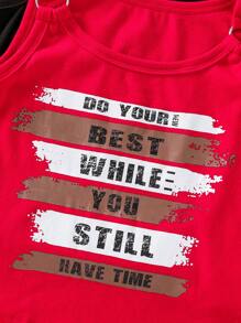 2pcs Tween Girl Fashion Knit Sleeveless Tank Top Set,Red And Black,Soft Stretchy Fabric,Front Letter Print,Stylish Fit For Summer,Casual,Vacation - Black - View 4