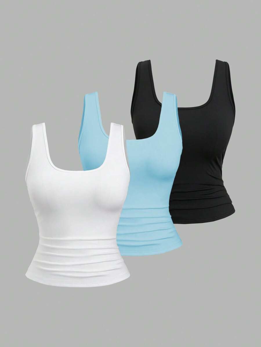 Sweetra Plus Size Women Summer Short Square Neck Pleated Casual Tank Top - Multicolor - View 1