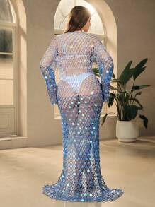 Anewsta 大码时尚性感透视亮片装饰长袖罩衫 - 彩色 - 查看 2