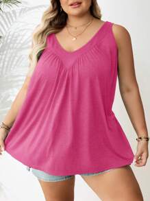 SHEIN CURVE+ Áo ba lỗ rộng màu trơn thường ngày cỡ lớnTrang phục nghỉ mát mùa hè/đồng quê/bãi biển/Trang phục bãi biển/Đồ mặc bãi biển - Màu Hồng Tươi - Xem 4