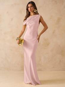 SHEIN BAE Yellow Satin Asymmetric Shoulder Backless Tie Strap Dress, Sexy Minimalist Solid Color, Suitable For Party, Cocktail, Formal Occasion, Bridesmaid, Birthday Wedding