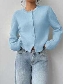 SHEIN BASICS Cárdigan de punto holgado con cuello redondo y manga larga de unicolor para mujer - Azul - Ver 4