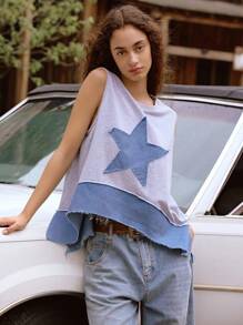 Easelle Damen Lässiges graues Patchwork Jeans Loose Tank Top, Frühling/Sommer - Grau - Übersicht 11
