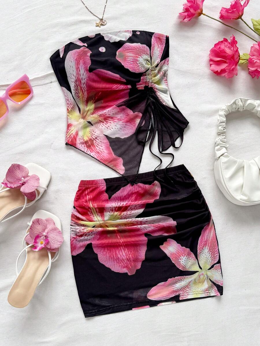 Soleia 针织网眼浪漫黄色底粉色花卉露肩抽绳上衣和修身开衩下摆短裙 2 件套，女士浪漫休闲假日装，适合派对、海滩、夏季