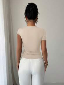 Elenzga Women Elegant Asymmetric Neckline 3D Rose Metallic Button Embellished Short Sleeve T-Shirt