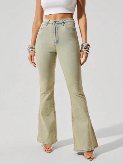 Denimoi Jeans de tiro alto elásticos con pata acampanada y tintado premium