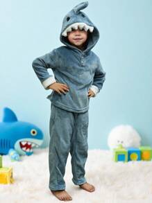 SHEIN 2 件装小男孩舒适羊毛连帽衫和裤子套装（灰蓝色）