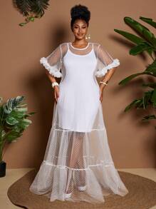 Maweii Plus Size Women Fashion Hollowed-Out See-Through Fabric Round Neck Ruffled Sleeve Multi-Layer Pleated Patchwork Ruffled Loose Dress, Summer - White - View 3