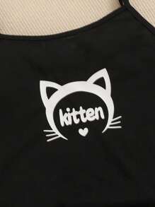 SHEIN Tween Girls Cute Cat Pattern Cami Top And Shorts 2pcs Pajama Set - Black - View 4