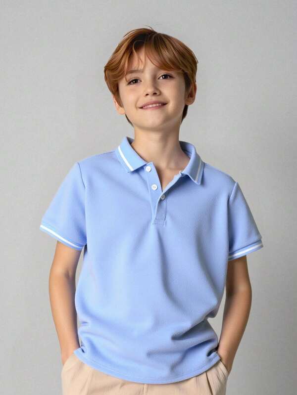 SHEIN Cămașă polo tricotată de culoare uni în stil școlar Tween Boy, cu guler