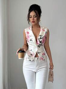Elenzga Women Floral Print Distressed Collar Sleeveless Elegant Blazer