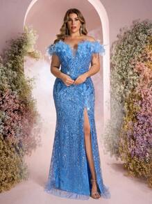 Glamrae Vestito da sera taglio sirena di lusso elegante e romantico, con scollo a V profondo, ricamato con perline e piume, spacco alto e bordo a forma di coda di sirena, in taglia oversize
