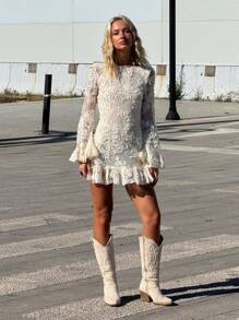 SHEIN ICON Nowa Elegancka Koronkowa Sukienka Mini Z Odkrytymi Plecami, Kolor Blokowy, Kremowy Jednolity Kolor - Morela - Zobacz 6