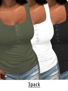 Slaydiva 3pcs Plus Size Women's Solid Color Thick Strap Camisole Suitable For Summer Vacation - Multicolor - View 1