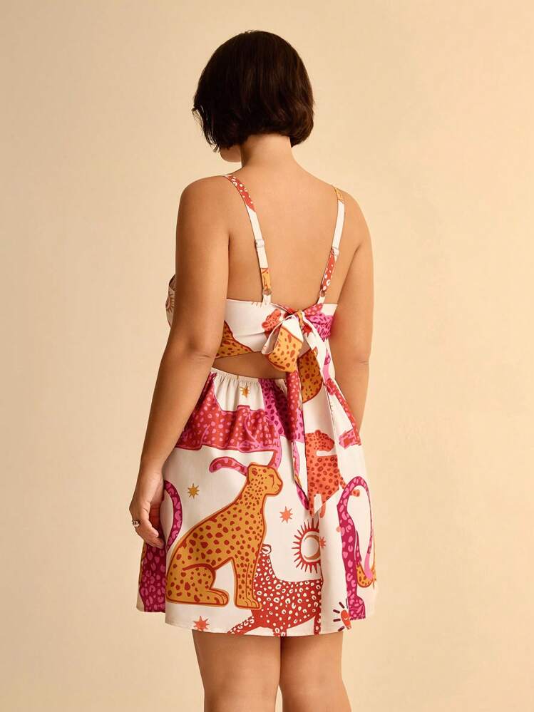 CAJUNI Vestido Casual Curto Estilo Boho Tropical Bloco de Cores Estampa Animal Plus Size para Mulheres no Verão - Multicolorido - Visão 2