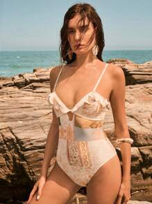 Anewsta 1pc Paisley Print Ruffle Halter One-Piece Swimsuit For Summer Beach Vacation - Multicolor - View 3