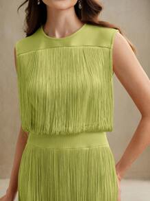 Anewsta 沙漠女神流苏波西米亚风格修身长裙，适合节日和音乐节 - 酪梨綠 - 查看 6