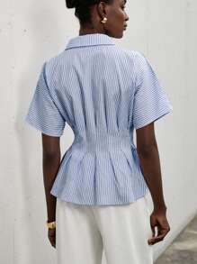 Aveloria Modichic Áo cánh tay ngắn cổ rộng vai loe viền rộng họa tiết sọc hồng và trắng thiết kế tối giản, thường ngày, đa năng, mùa hè, thường ngày, đa năng - Màu xanh lam - Xem 2