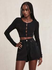 NYA SZN Top Basic Button Up Crew Neck Long Sleeve Crop SummerFor Women - Black - View 1