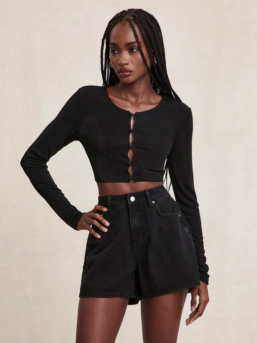 NYA SZN Top Basic Button Up Crew Neck Long Sleeve Crop SummerFor Women - Black - View 1