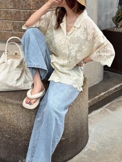 FRIFUL Dames kanten losse blouse met verlaagde schouders en asymmetrische zoom, doorschijnende casual blouse, strandkleding