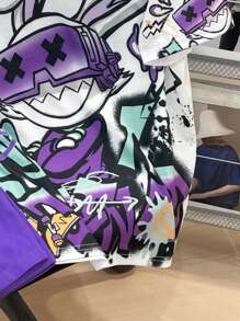 SHEIN Tween Boy Streetwear 圆领短袖 T 恤和短裤两件套 - 紫色 - 查看 3