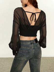 INAWLY Women's Waist Gathered Semi-Sheer Top Fall Cloth For Women - Black - View 3