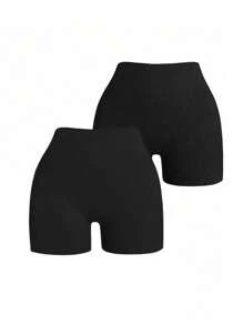 SHEIN Velisys 2 piezas Pantalones cortos deportivos de mujer de cintura alta y color liso para hacer ejercicio - Negro - Ver 2