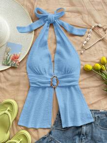 Soleia Women's Baby Blue Summer Casual Beach Vacation Holiday V-Neck Metallic Buckle Halter Backless Texture Camisole Top,Boho Style Blue Halter Top - Blue - View 5