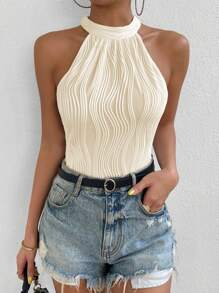 Rafferiza 纹理图案高领无袖紧身衣，优雅纯色 - 杏色 - 查看 3