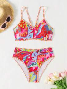 Swim Vcay 2pcs/Set Summer Beach Outfits For Women, Random Color Strap Tank Top & High Waisted Bikini Swimwear Bottom