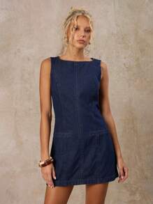 Avantive 夏季新款无袖原色牛仔通勤复古女牛仔高街女式牛仔连衣裙 - 深色水洗藍 - 查看 4