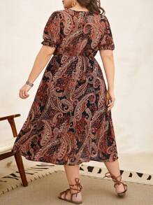 SHEIN Clasi Plus Paisley Print Tie Neck Puff Sleeve Dress, Summer,Beach Dress Sundress,Holiday Outfits Boho,Western Wear Women - Multicolor - View 2