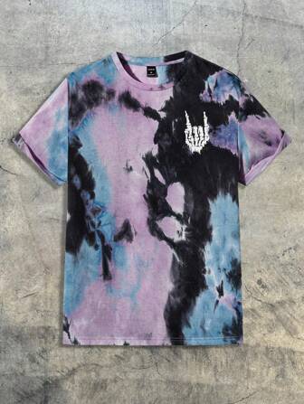 AXEPEAK Men Tie Dye Skeleton Hand Print Short Sleeve Tee, Fashion, For Going Out, For Friends, Streetwear Influence