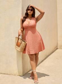 Elaquor Plus Size Casual Vacation Cinched Waist A-Line Backless Dress - Coral Orange - View 2