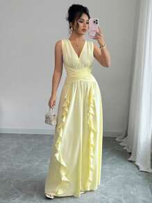 Elenzga Váy vàng kem kiểu Pháp thanh lịch dành cho nữ, thiết kế quấn cổ chữ V có viền xếp nếp và thắt eo, phù hợp cho kỳ nghỉ, công sở, đi làm bình thường, lễ hội âm nhạc, tiệc trà, những dịp lãng mạn - Vàng nhạt - Xem 3