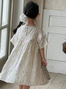 DAZY Kleine Mädchen Rundhals Kleid mit strukturiertem Blume Muster in Midi-Länge, geeignet für Geburtstagsparty - Aprikosenfarben - Übersicht 2