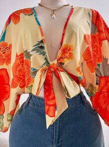 Ceyna Camisa elegante de vacaciones con detalles retorcidos florales para tallas grandes