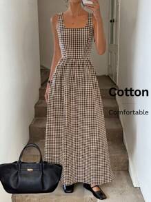 SHEIN LUNE Đầm dự tiệc thanh lịch cổ vuông xếp ly lưng nhún eo cao thấp họa tiết kẻ caro thường ngày cho nữ - Nhiều màu - Xem 5