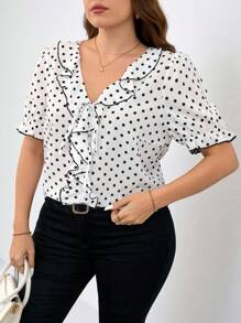 Chikora Blusa con escote en V a lunares para mujer de talla grande, ideal para primavera y verano, con detalle de volante delantero en blanco y negro, ideal para vestimenta casual de negocios - Blanco y Negro - Ver 3