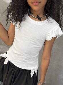 Coolane Kids Tween Girls Four Seasons Streetwear Vacation Ruffle Trim Solid White Tee - White - View 5