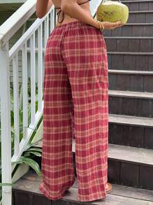 CovetEZ 女士酒红色撞色格纹休闲舒适家居裤 - 酒紅色 - 查看 2